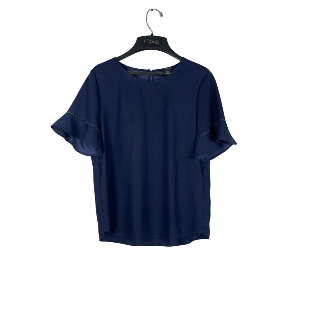Club Monaco Navy Blue Short Bell Sleeve Blouse Womens M Sheer Career Office Top